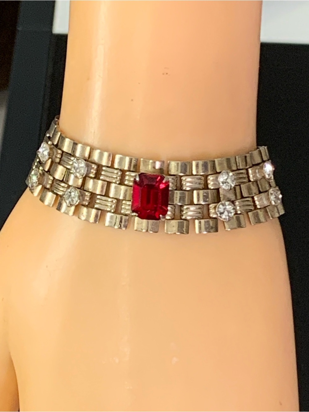 Rare Vintage Gold Bracelet with Vibrant Emerald-Cut Ruby & Brilliant Diamonds